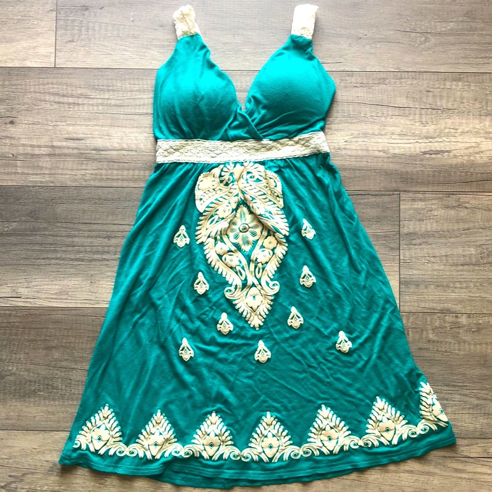 Teal dress with beige detail, size M.